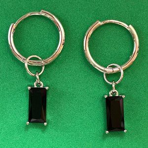 925 Silver Plated Black Crystal Dangle Drop Earrings for Men Women